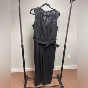 **NEW**Calvin Klein Faux Leather Bodice Belted Sleeveless Cropped Jumpsuit